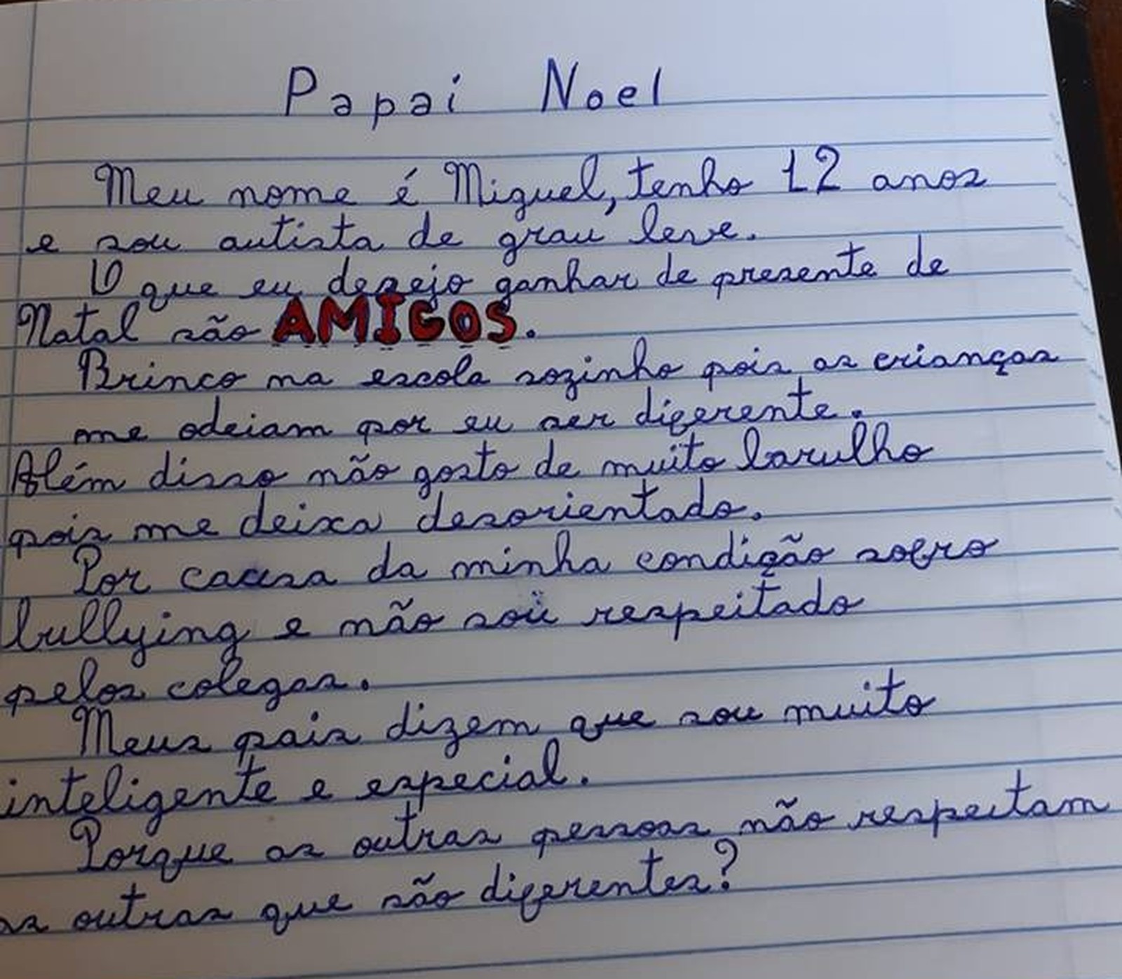 No país: Menino autista pede amigos em carta ao Papai Noel: 'Brinco na escola sozinho'