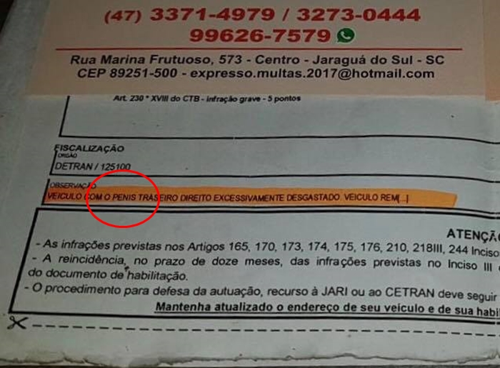 Erro em multa vira piada: “Veículo com o ‘pênis’ excessivamente desgastado”