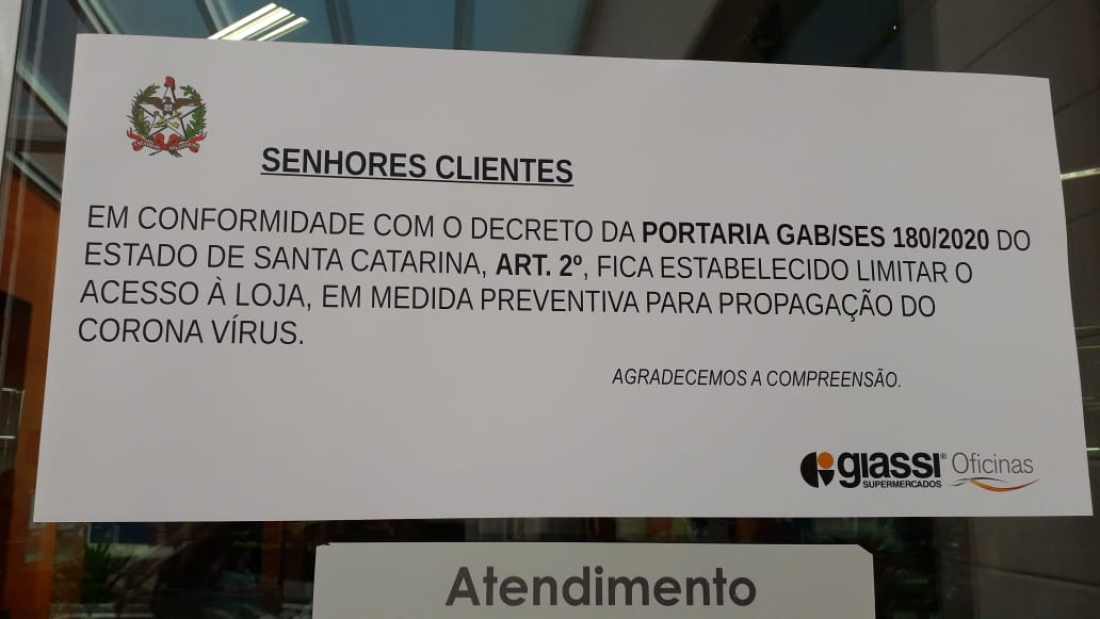 Giassi Supermercados acata decreto e limita acesso à loja em Tubarão e região
