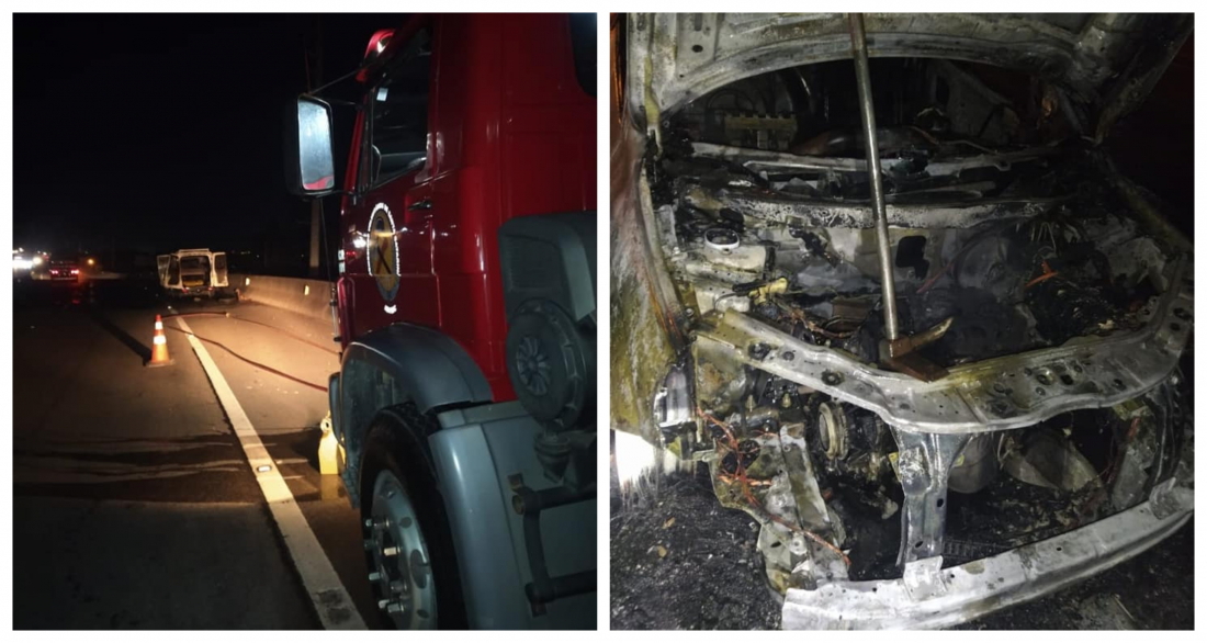 Carro em movimento pega fogo após pane elétrica, na BR-101, em Jaguaruna