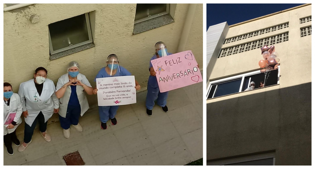 Festa de 15 anos diferente: adolescente com câncer recebe homenagens pela janela do quarto do hospital, em Criciúma