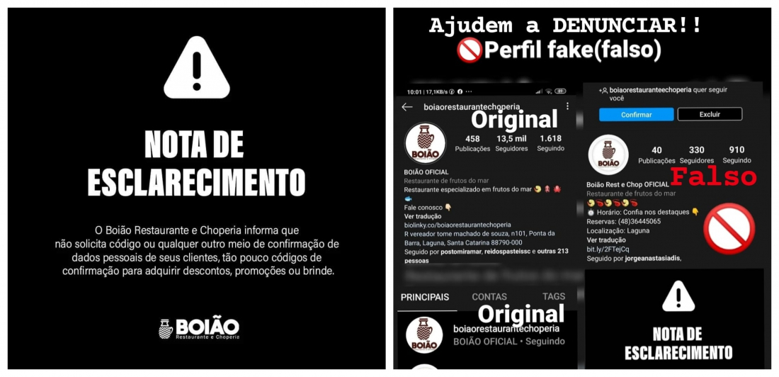 Alerta: Perfil falso no Instagram se passa por restaurante de Laguna para clonar celulares