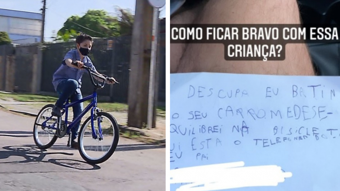 Bilhete de criança de 7 anos que caiu de bicicleta e riscou veículo viraliza: 'Como ficar bravo?', diz dono do carro