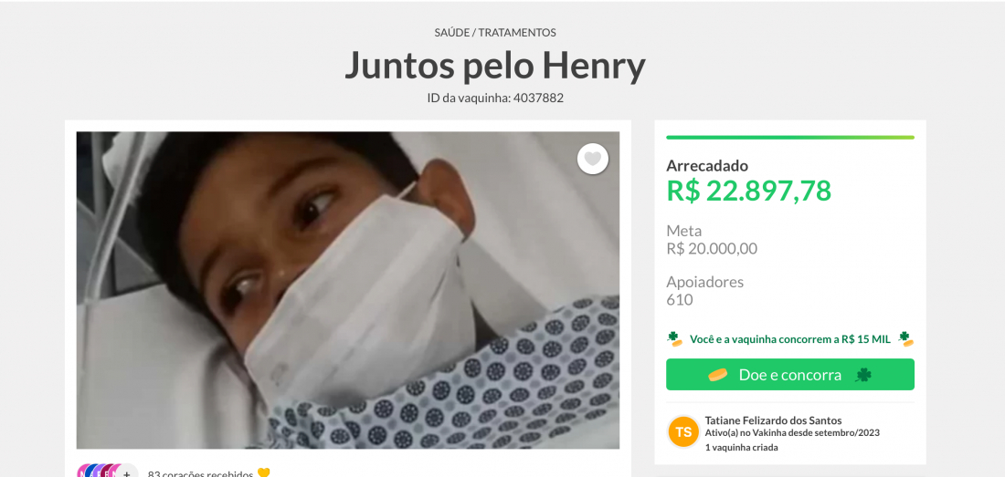 Dentre tantos, um obstáculo vencido: meta de vaquinha para ajudar família de Henry é batida
