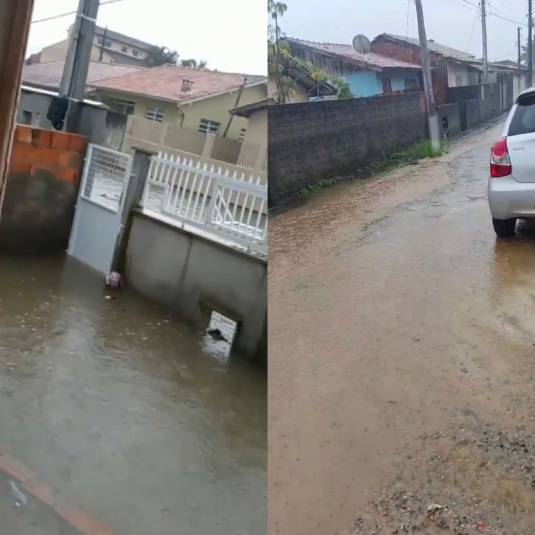 Chuvas alagam ruas em Capivari de Baixo na tarde desta quarta-feira (24).