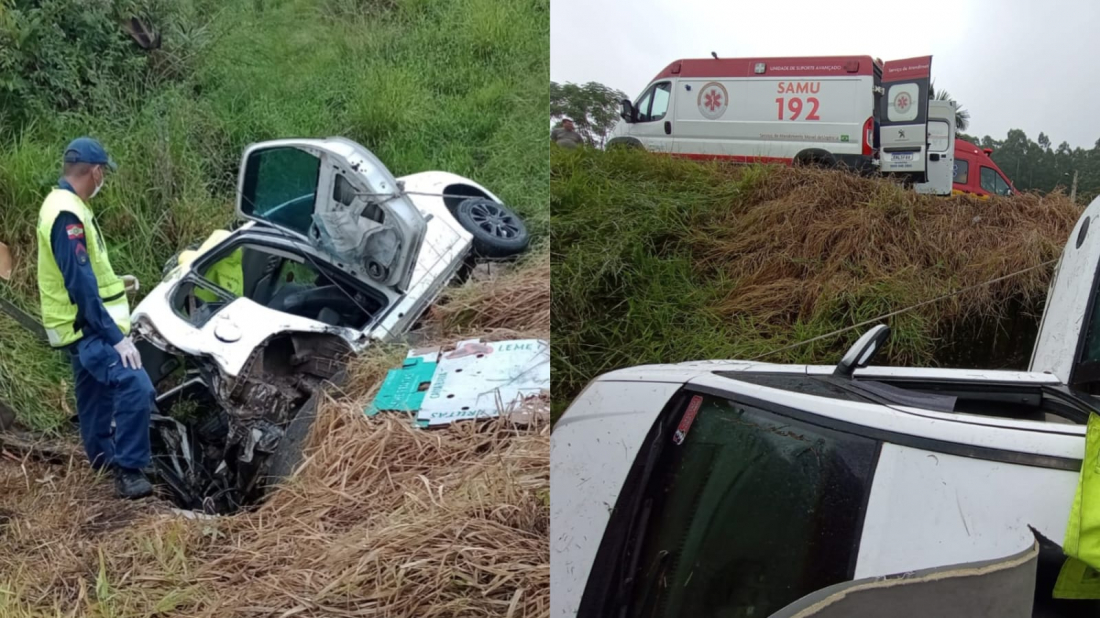 Em Tubarão, capotamento na SC-390 deixa pessoa encarcerada; vítima teve politrumatismo