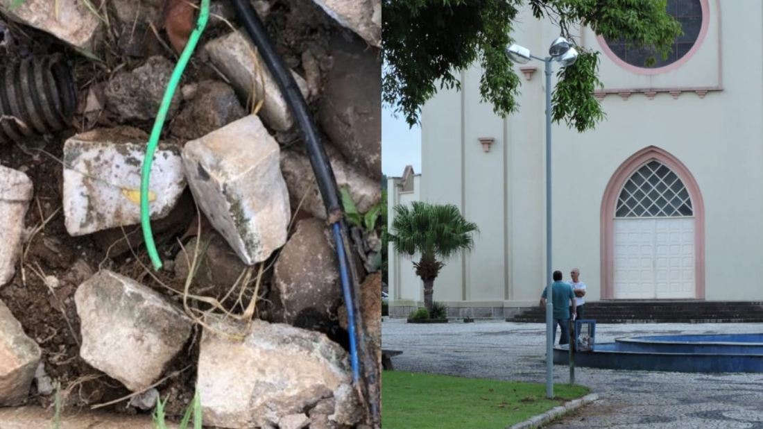 Praça da igreja matriz de Oficinas fica no escuro após furto de fiação