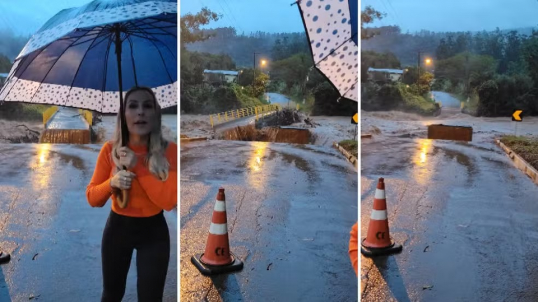 No RS: ponte é levada por enxurrada enquanto prefeita fazia alerta sobre temporais
