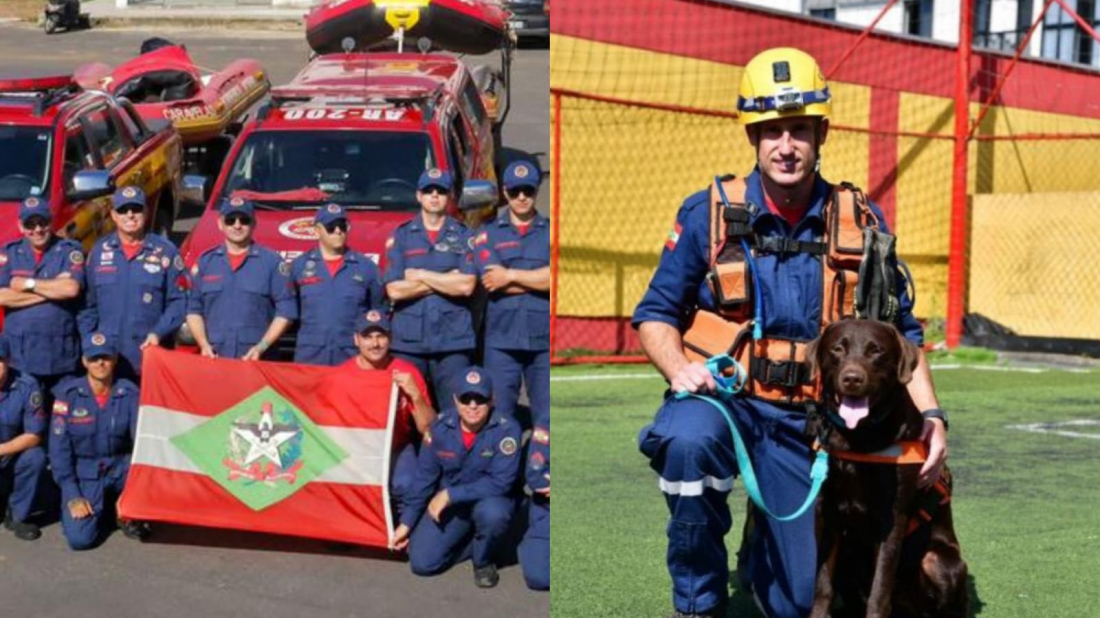 Quatro duplas de bombeiros e cães são enviadas por SC ao RS para ajudar na linha de frente