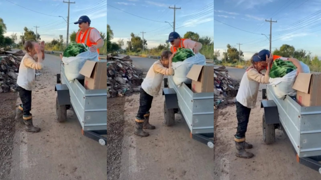 Senhora se emociona ao receber um cobertor de doação em Cruzeiro do Sul (RS)