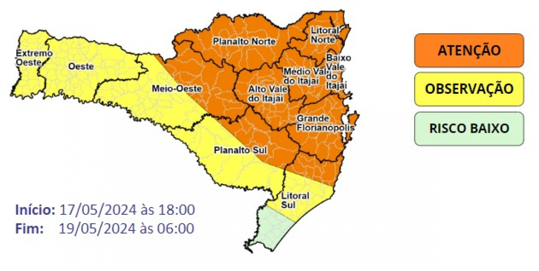 Final de semana será de chuvas e alerta laranja em SC