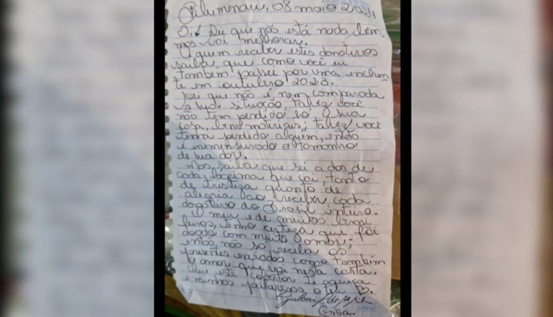 Carta de vítima de enchente em Blumenau emociona gaúchos: 'Sei a dor de cada lágrima'