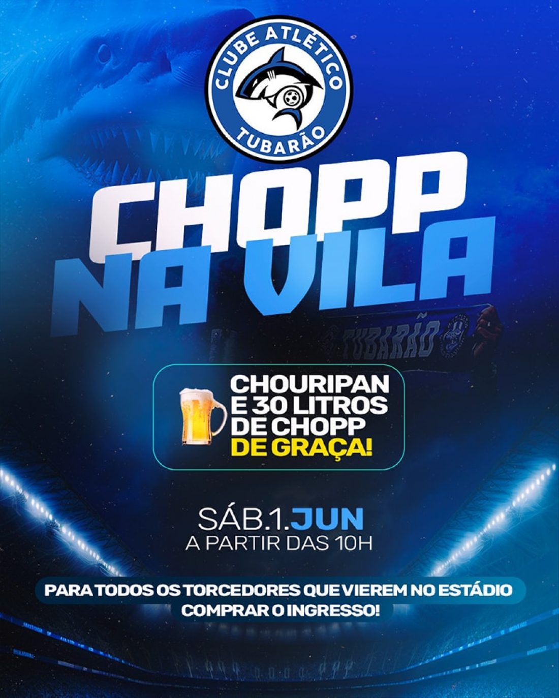 Tubarão promove chopp e choripan gratuitos para venda de ingressos na Vila