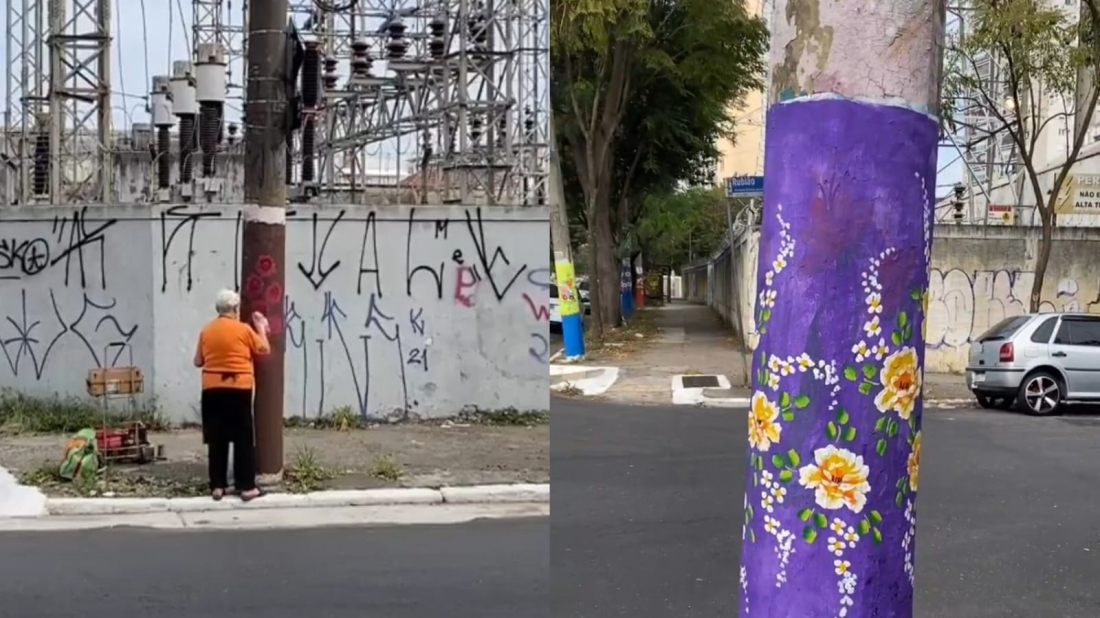 Idosa encanta moradores com pinturas de flores nos postes na Mooca, em SP