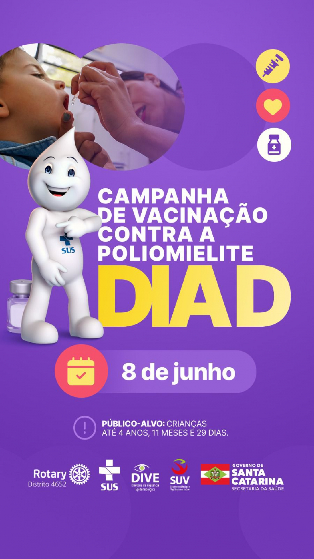 Em parceria com o Rotary, Dia D de vacinação contra pólio será neste sábado