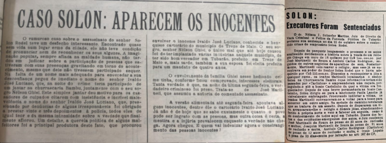 Tubarão 1988: Caso Solon Rodel foi destaque nos jornais da cidade