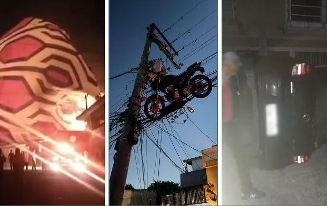 Balão cai sobre creche, arrasta carros e iça moto até fios elétricos em SP