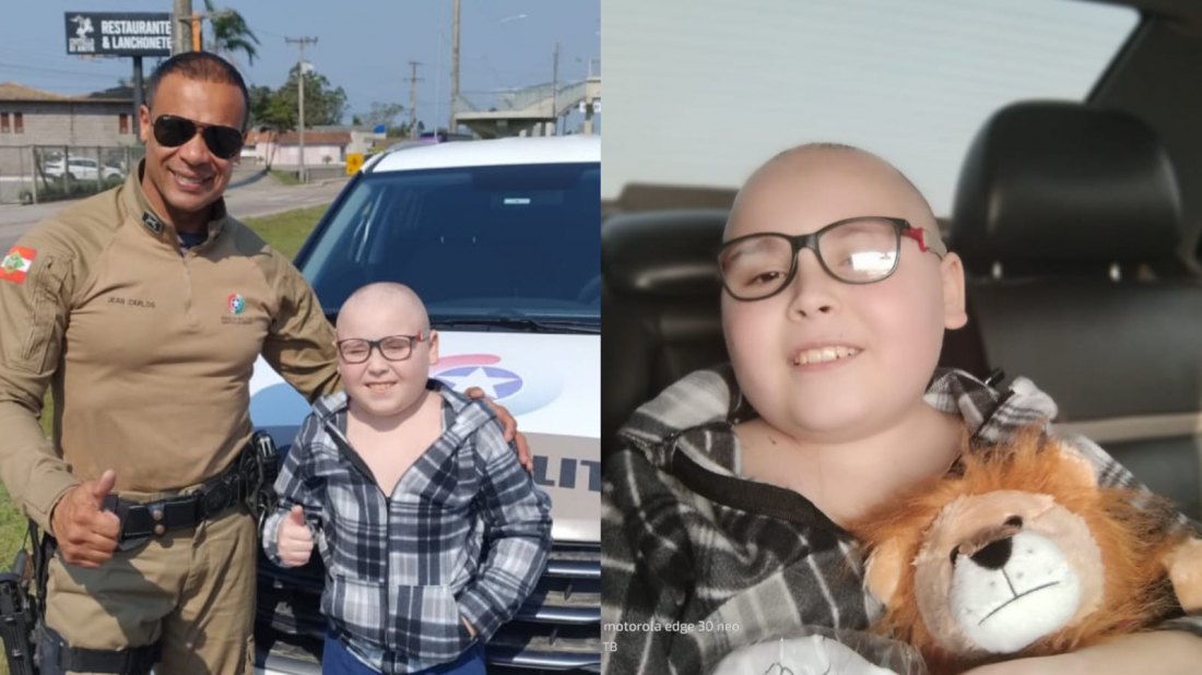 Tubarão: menino de 11 anos com câncer realiza sonho de tirar foto com policial durante viagem de tratamento