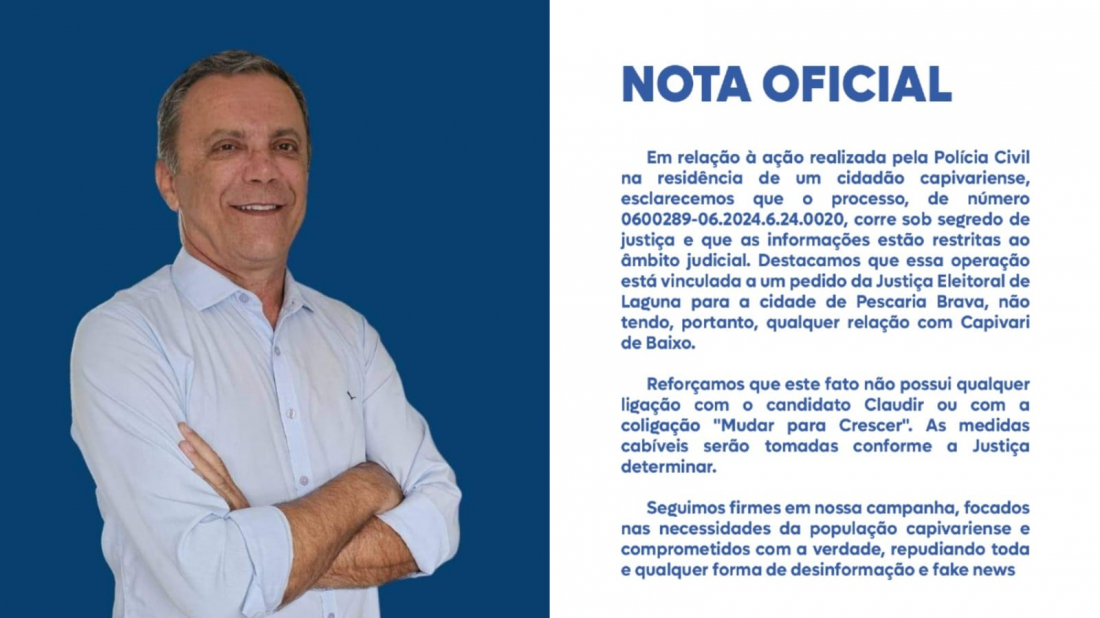 Capivari de Baixo: candidatos do PL afirmam que ação da Polícia Civil na cidade não tem relação com partido 