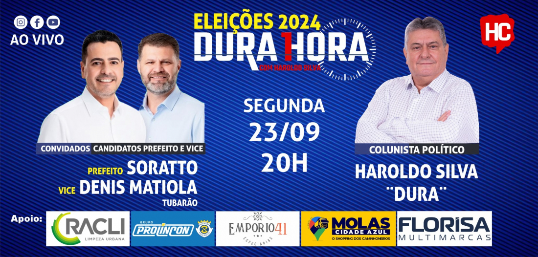 Candidato Soratto e vice Denis são os convidados do Podcast Dura 1 Hora desta segunda-feira, 23