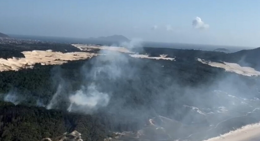 (Vídeo) Incêndio florestal em praia de Florianópolis mobiliza força-tarefa dos bombeiros