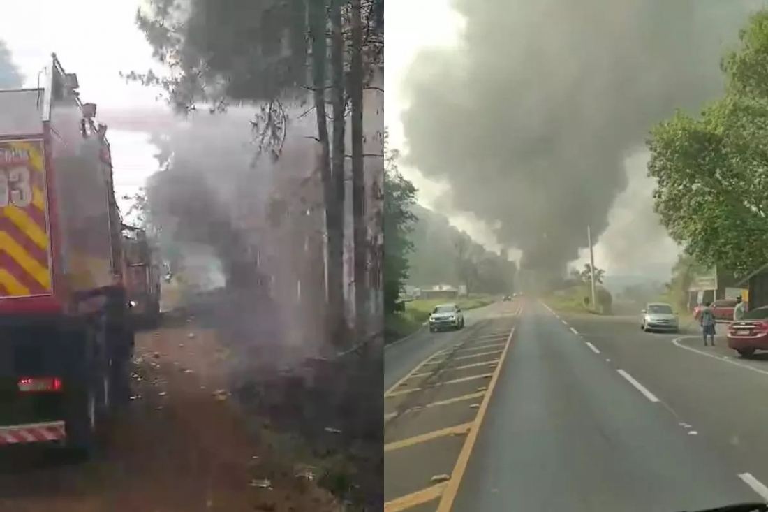 Incêndio de grandes proporções atinge depósito de materiais recicláveis na SC-157