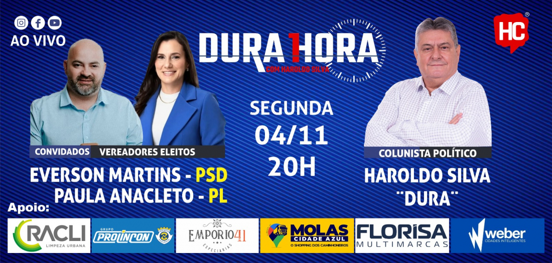 Vereadores eleitos Paula Anacleto e Everson Martins são os convidados do Podcast Dura 1 Hora nesta segunda-feira, 4