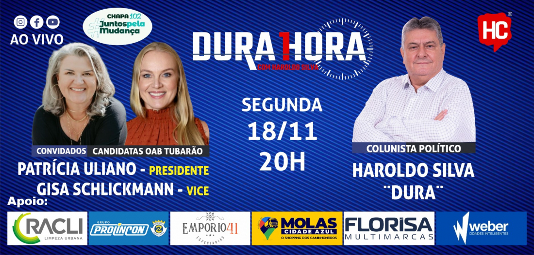 Candidatas nas eleições da OAB, Patrícia Uliano e Gisa Schilickmann são as convidadas do Podcast 'Dura 1 Hora' nesta segunda-feira, 18