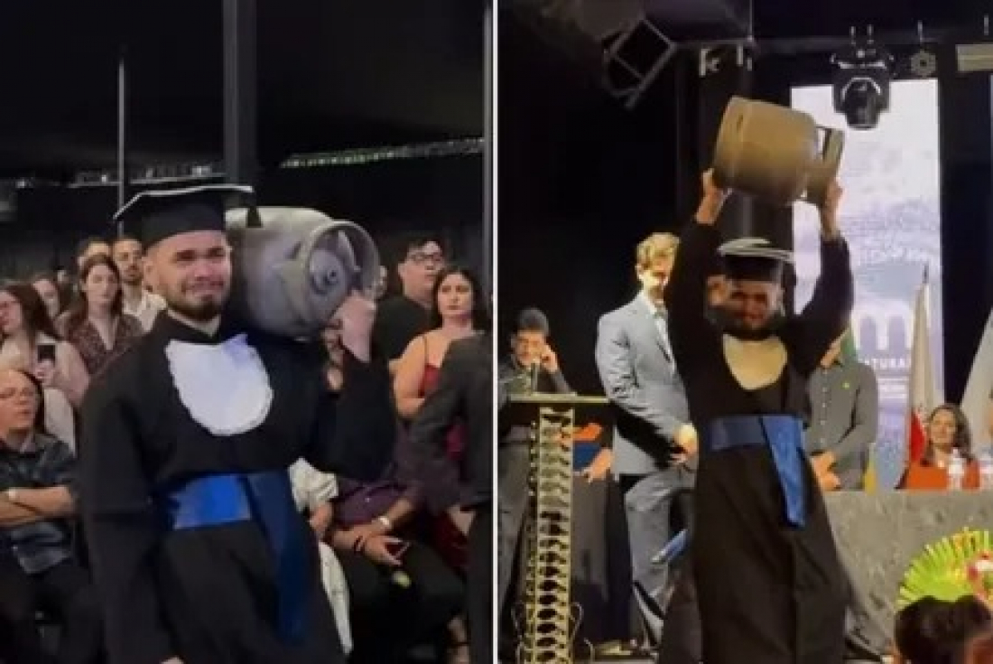 Brasil: estudante faz homenagem ao pai e leva botijão de gás a formatura 