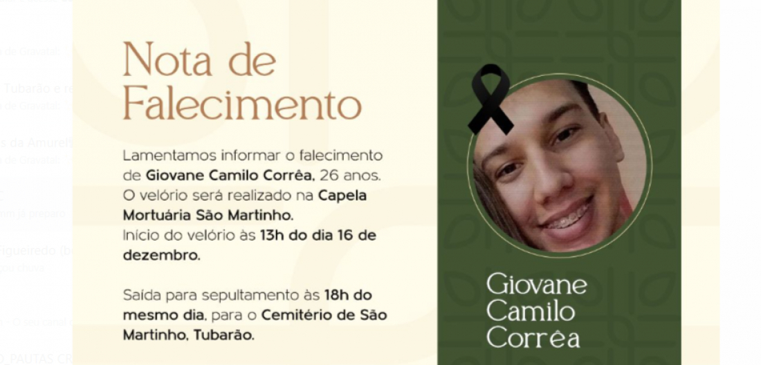Jovem Giovane Correa é velado na Capela Mortuária de São Martinho, em Tubarão