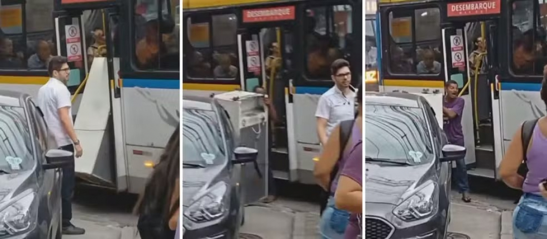 Vídeo: homem é flagrado tentando transportar geladeira em ônibus lotado no Rio