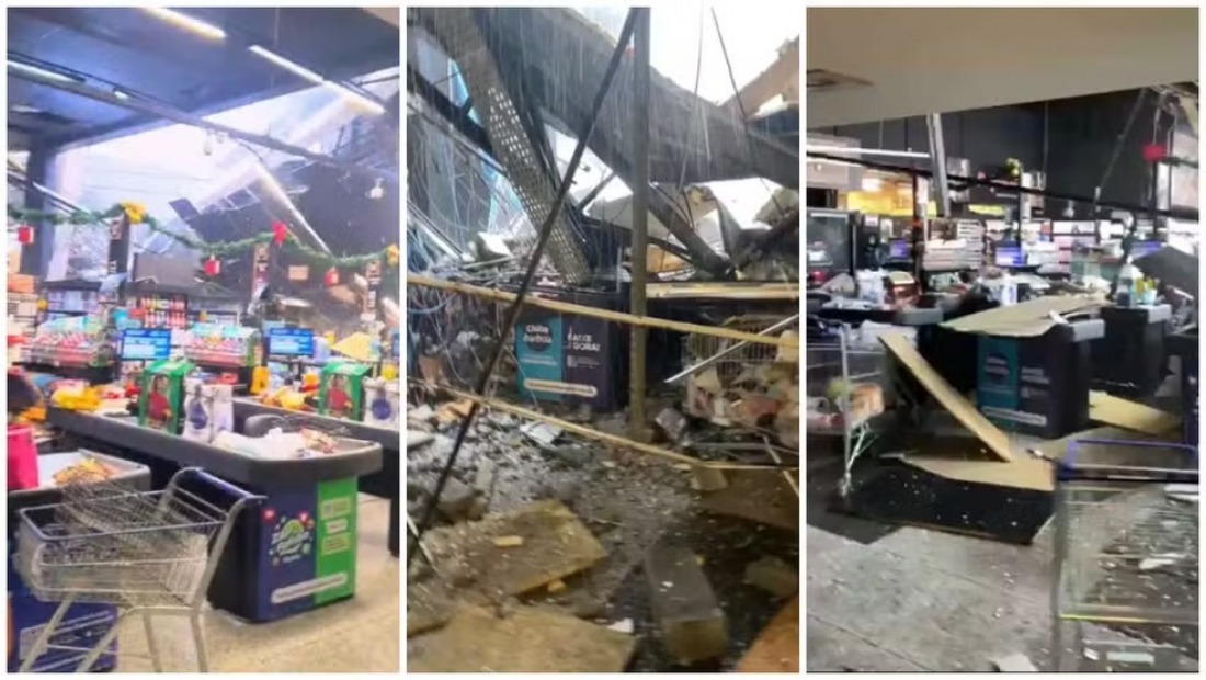 Teto de supermercado desaba após chuva com granizo no interior de SP