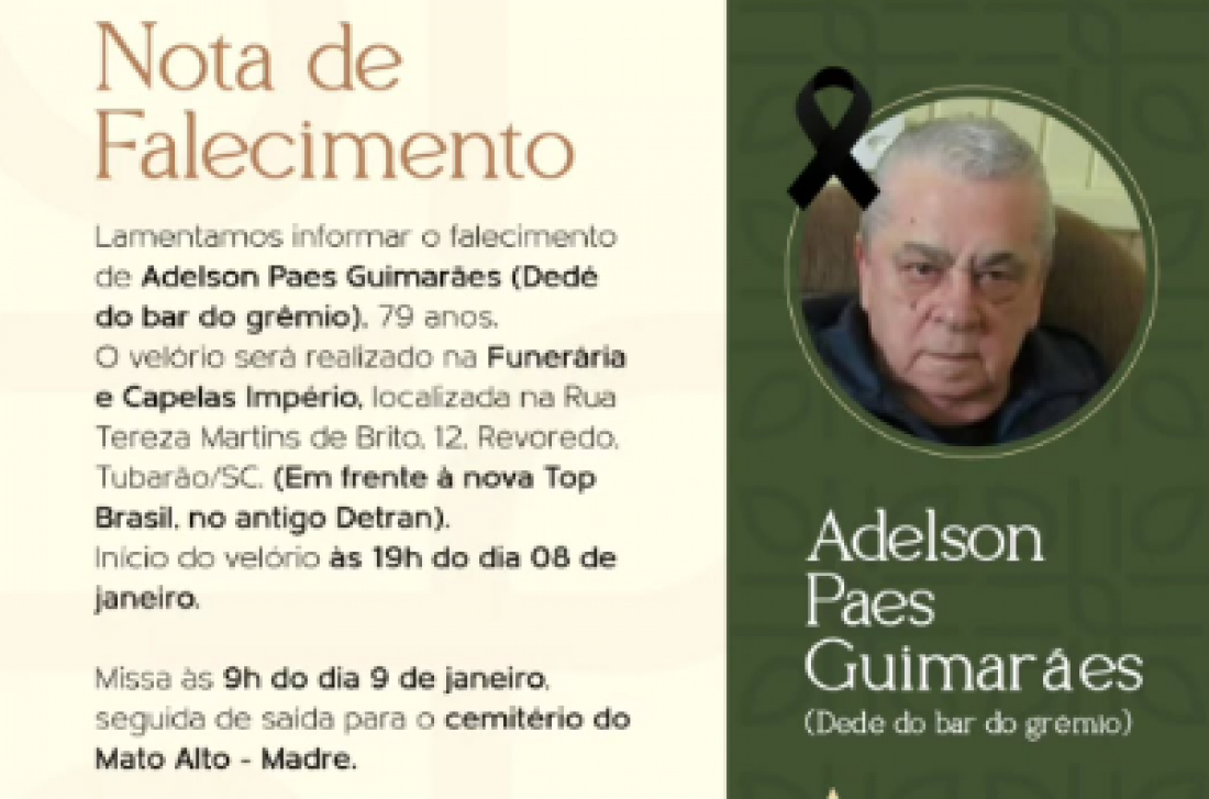 Morre Adelson Paes Guimarães, aos 79 Anos, o 'Dedé' do Bar do Grêmio, em Tubarão