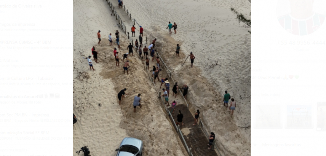 (Vídeo) Voluntários unem esforços para desobstruir passarela no Balneário Camacho, em Jaguaruna