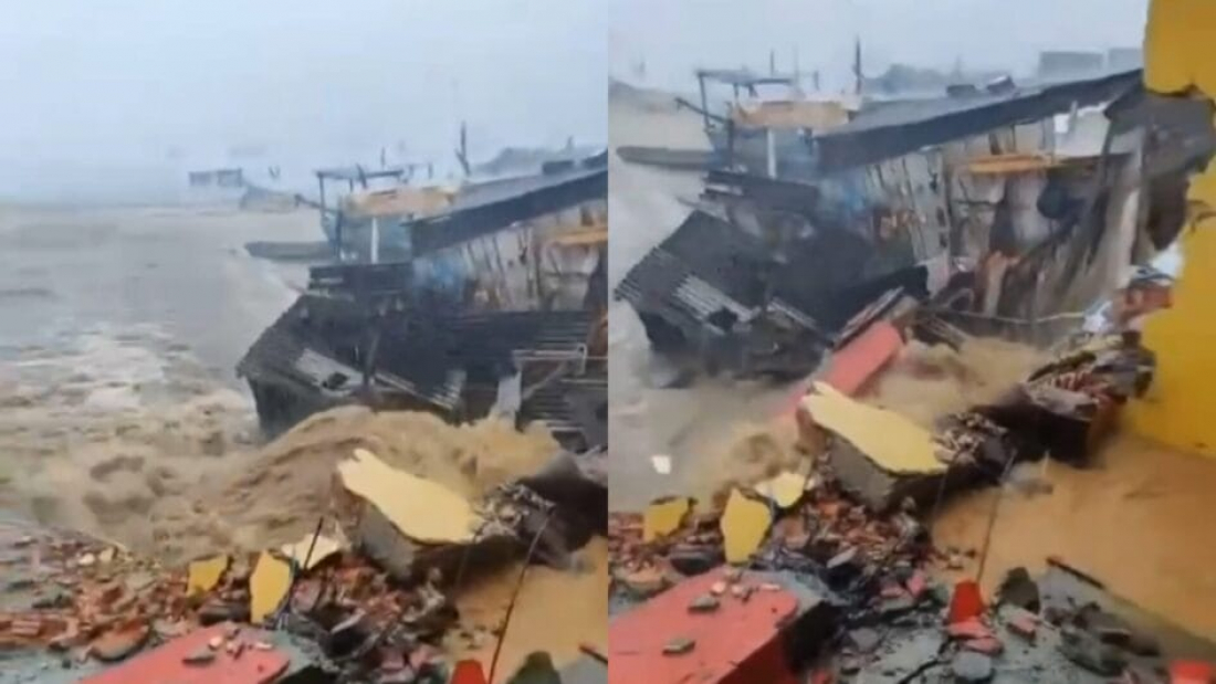 Sob forte chuva, quartel dos bombeiros em Governador Celso Ramos desaba