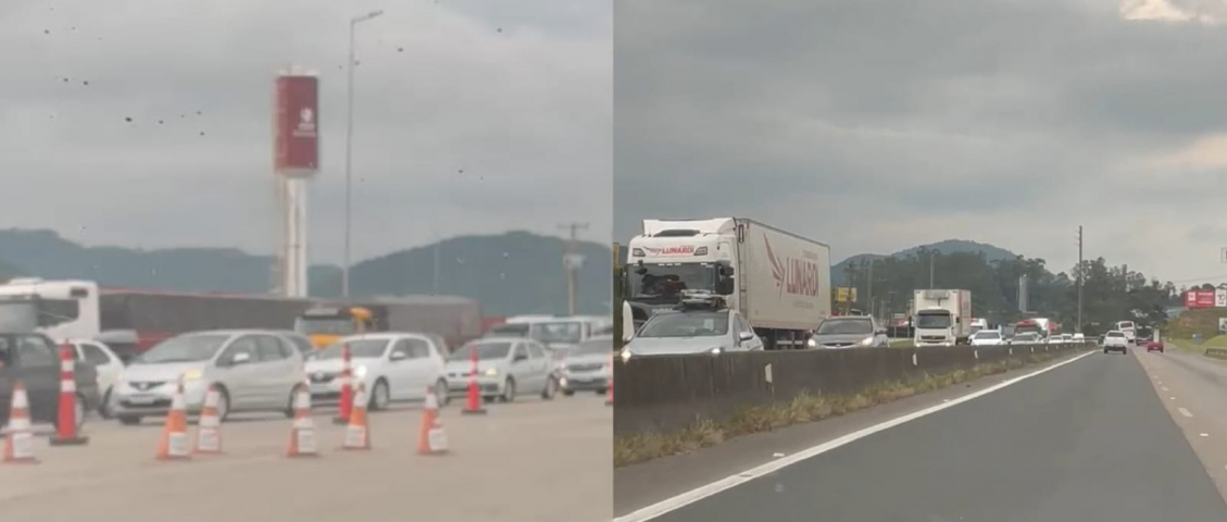 Fila extensa nos dois sentidos do pedágio entre Tubarão e Jaguaruna causa transtornos nesta segunda-feira (20)