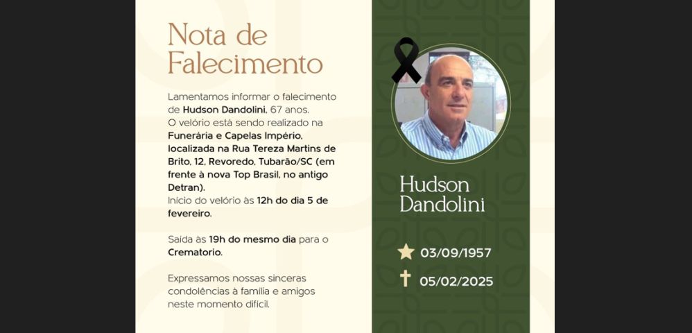 Corpo de Hudson Dandolini será velado na Funerária e Capelas Império, em Tubarão