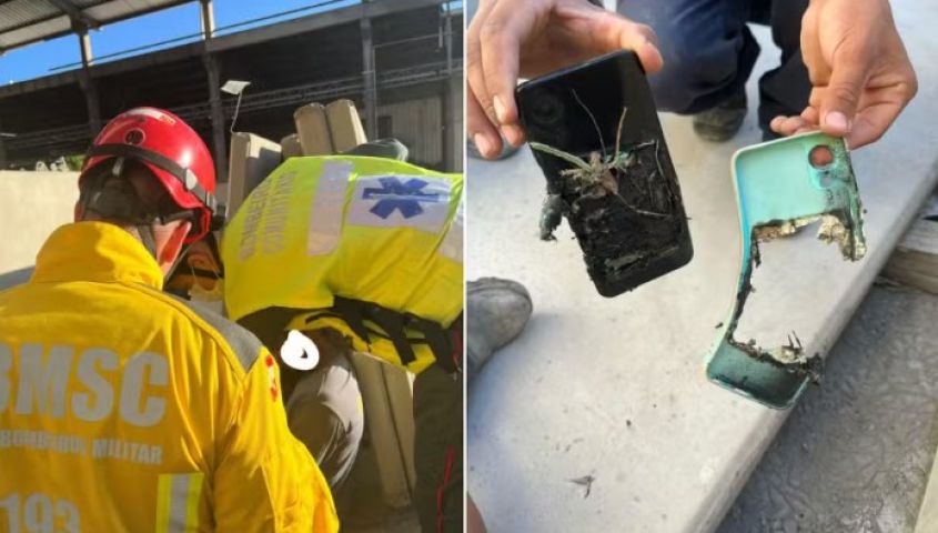 Em SC: Trabalhador é atingido por bloco de concreto de 450 kg e celular explode com o impacto