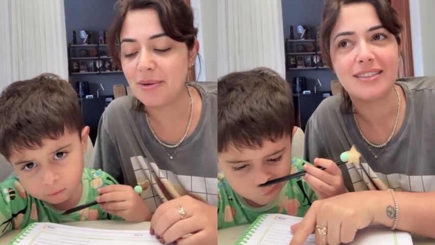 Influenciadora trava na lição do filho e é vencida por um ovo
