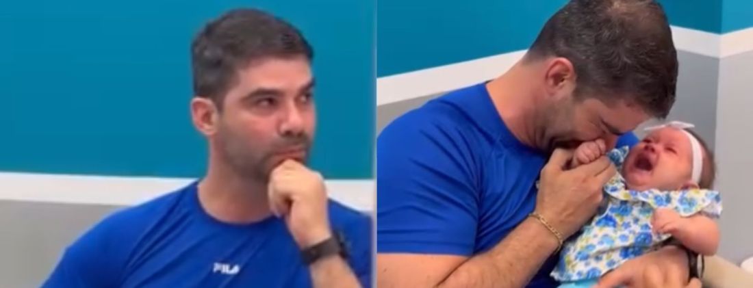 Pai se emociona durante vacinação da filha em cena comovente