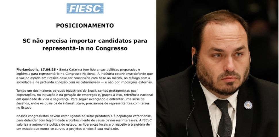 FIESC se manifesta contra indicação de Carlos Bolsonaro ao Senado por SC
