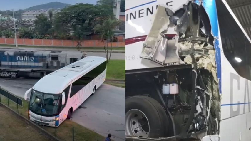 (Vídeo) Ônibus é atingido por trem e arrastado em Joinville; ninguém ficou ferido