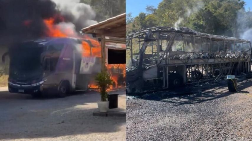 (VÍDEO) Ônibus que transportava as bandas Djavú e Bonde do Forró pega fogo em minas gerais