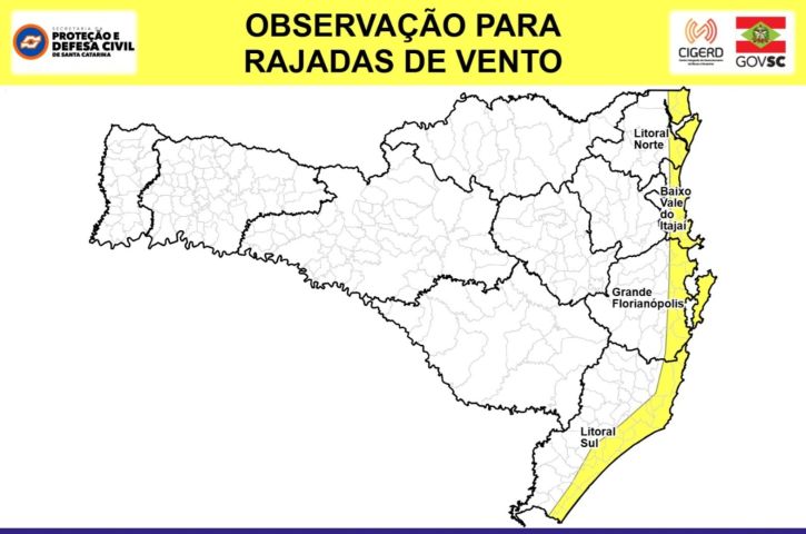 Rajadas de vento deverão atingir região Litoral Sul nas próximas horas