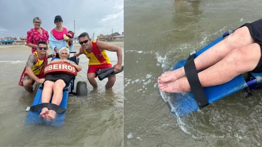 (VÍDEO) Em Balneário Arroio do Silva, idosa de 96 anos conhece o mar pela primeira vez
