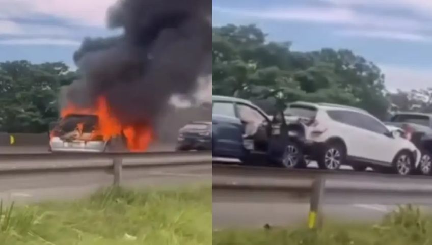 Engavetamento com mais de 12 veículos provoca incêndio e lentidão na BR-101 em Itajaí
