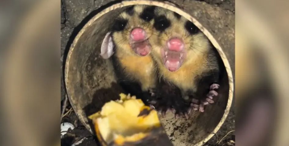 (Vídeo) Família de gambás se esconde em encanamento e biólogos usam criatividade para resgate em SC