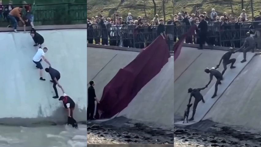 (VÍDEO) Corrente humana que salvou jovem e cachorro vira escultura no Cazaquistão