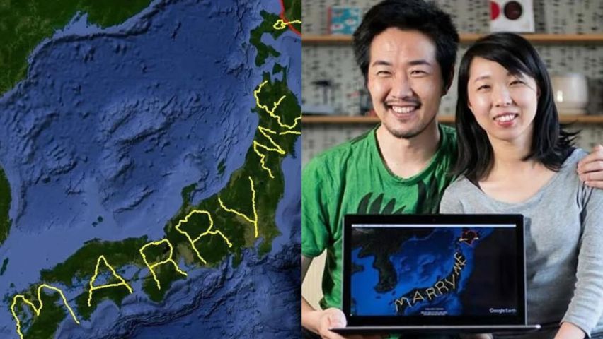 Homem cruza o Japão por 6 meses e pede namorada em casamento com 'desenho' gigante no mapa