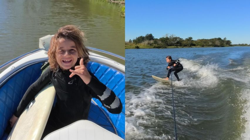 (VÍDEO) Menino de 9 anos improvisa 'surf rebocado' no Rio Tubarão